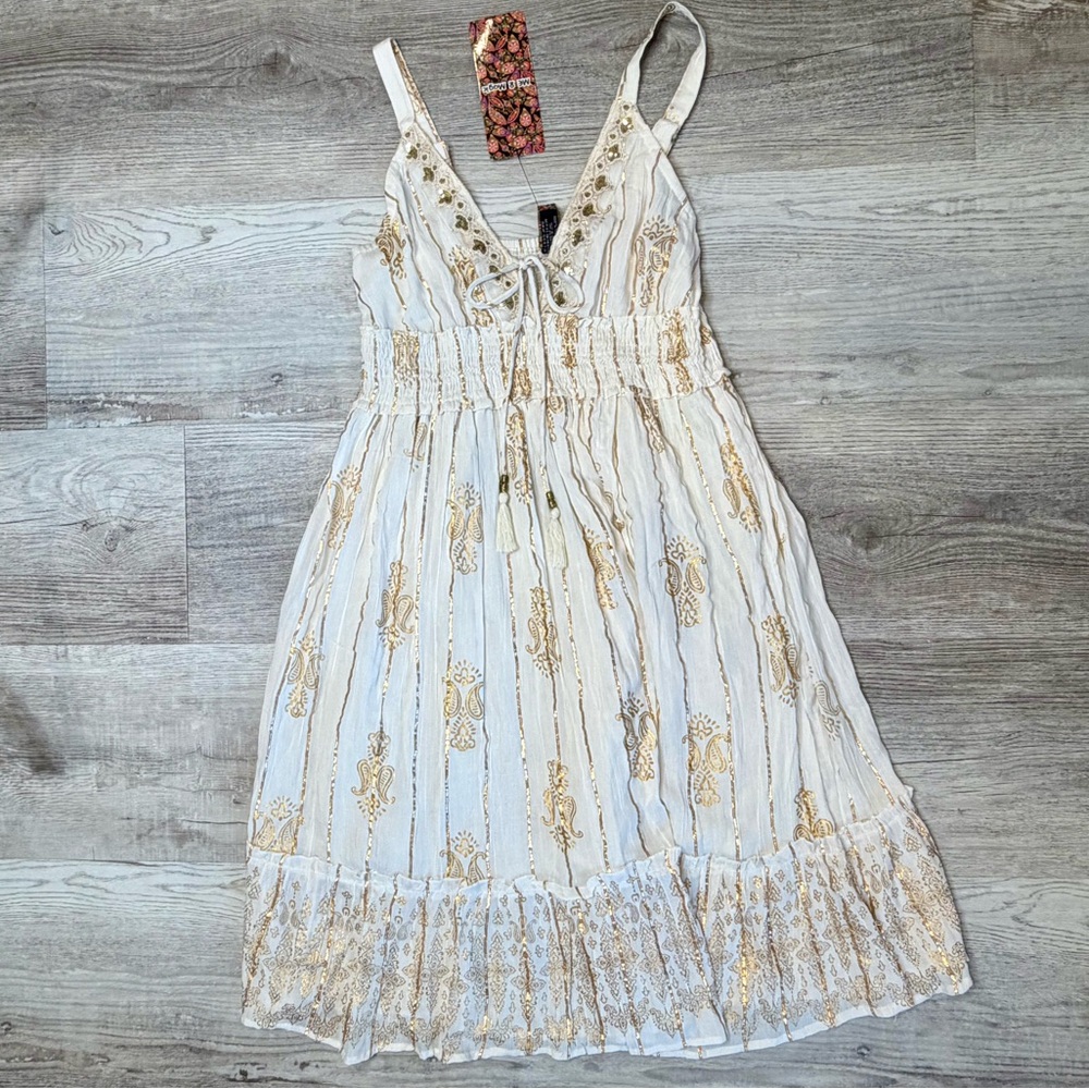 Anthropologie Me 2 Magic Cream and Gold Bohemian Dress Womens Size L NWT - Picture 2 of 12